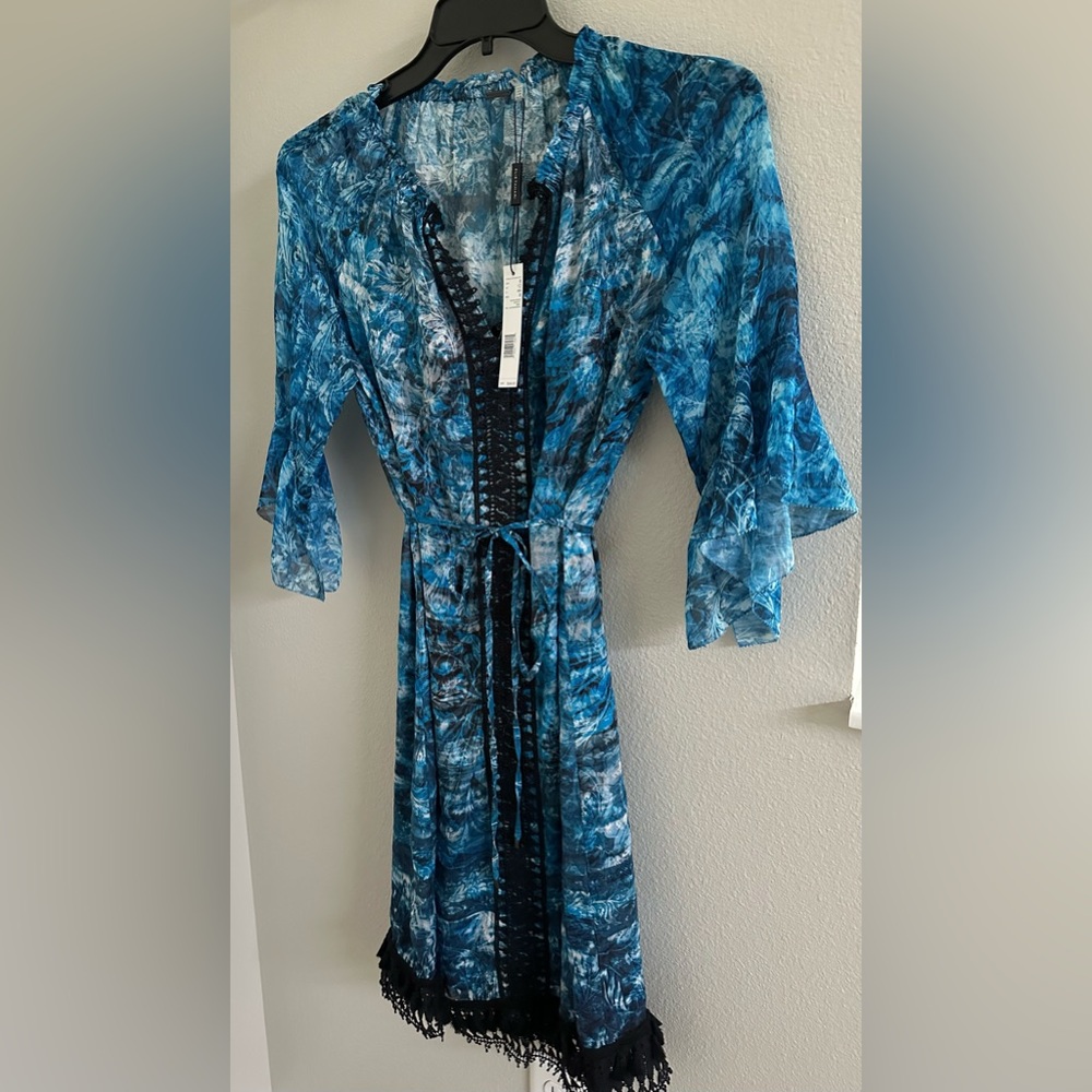 Elie Tahari Dress Rayna Blue Floral Sheer with black liner shell Size 8 NWT